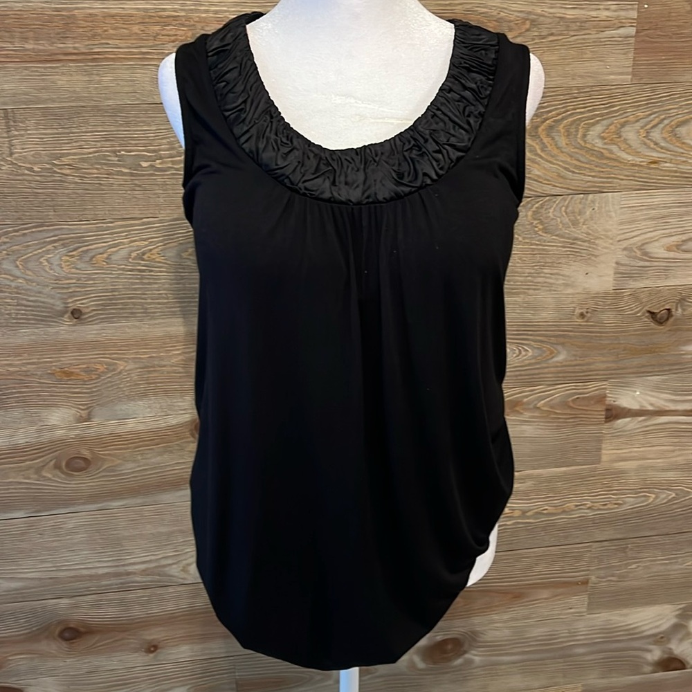 Kische black knit tank top with satin smock detail around neck. L